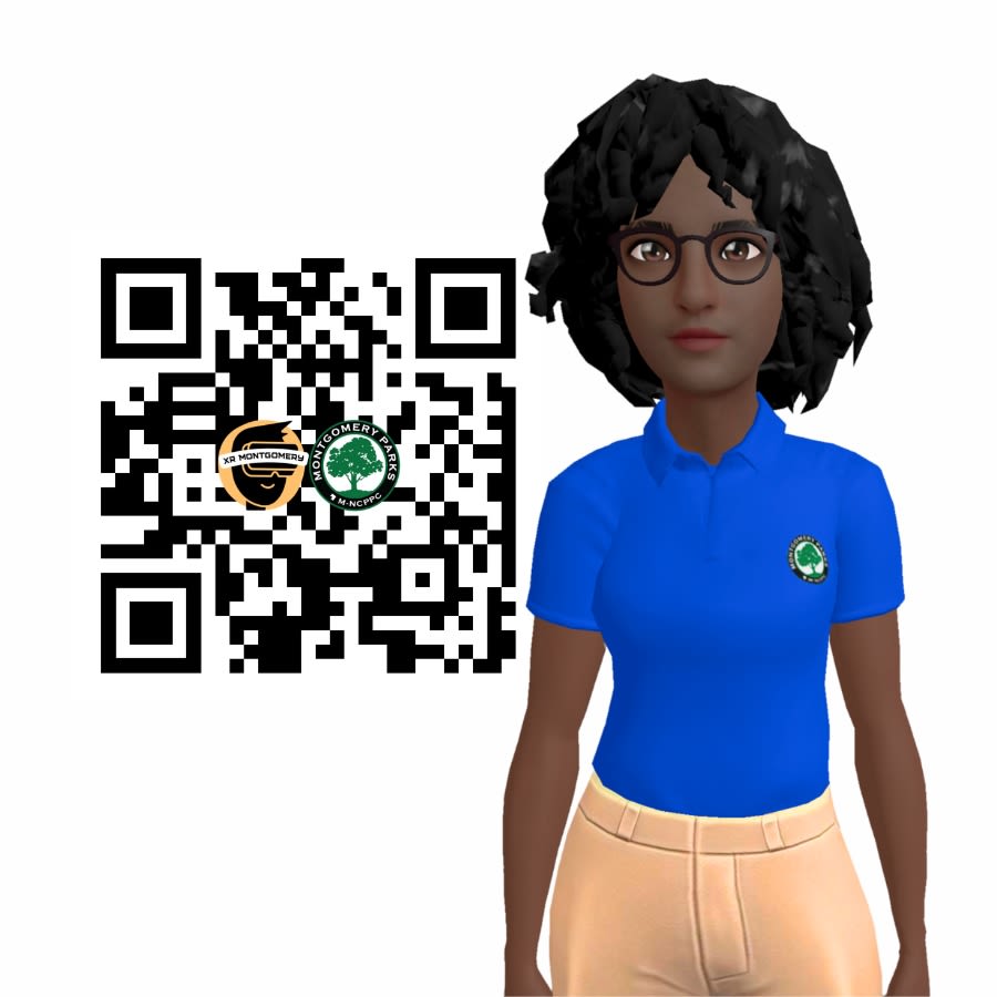 Image of QR code for link and picture of AI host